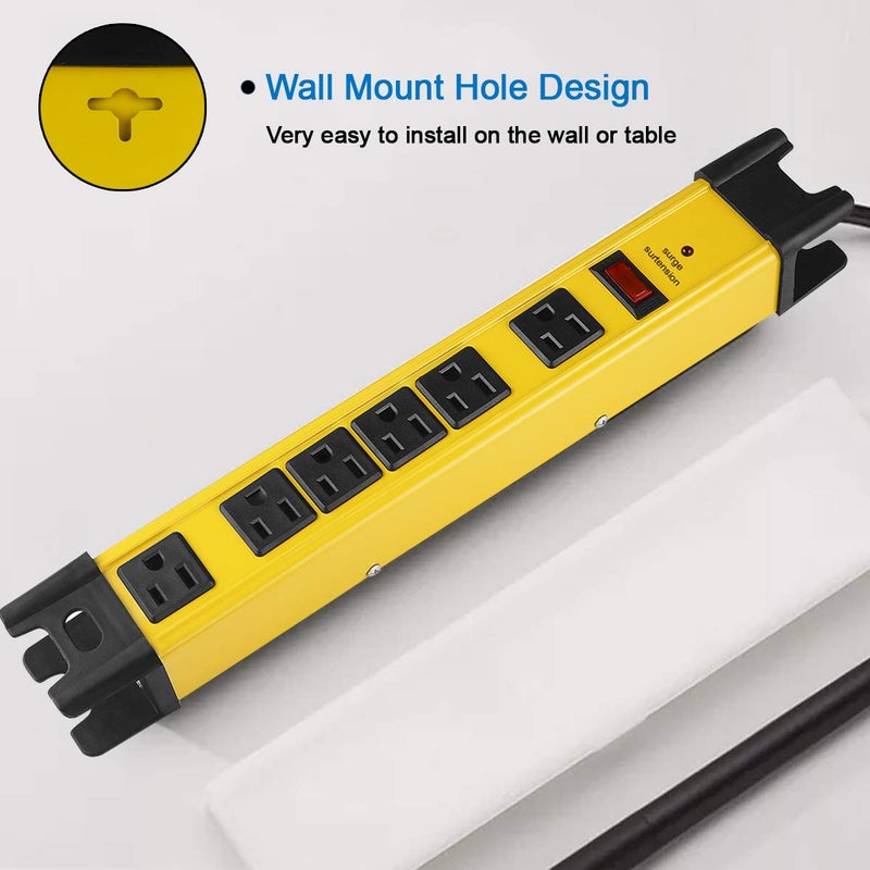 CCCEI Heavy Duty Power Strip Surge Protector with 15A, 6 Plug Industrial Shop Workshop Garden Metal Multiple Outlets, 6FT Extension Cord 1200 Joules ETL Listed, Yellow - Image 4